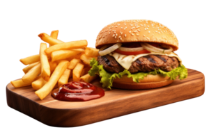 ai generato acquolina in bocca hamburger e patatine fritte su trasparente png