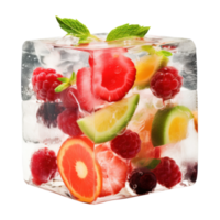 ai generado vistoso frutas atrapado en hielo cubo png