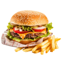 ai généré juteux Burger avec frites sur transparent png