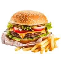 ai genererad saftig burger med frites på transparent png