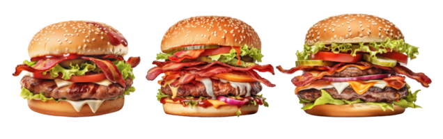 ai gegenereerd reeks sappig spek hamburger Aan transparant achtergrond png