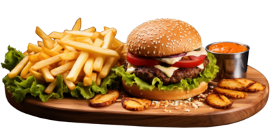 ai generiert lecker Burger und Fritten auf transparent Hintergrund png