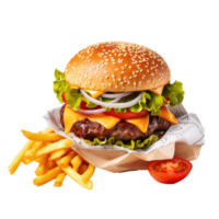 AI generated Tasty Burger with Fries on Transparent BG png