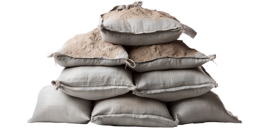 AI generated sandbags sprinkled with sand, png file of isolated cutout object on transparent background