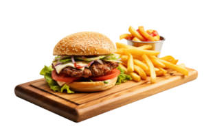 ai generiert saftig Burger mit Fritten auf transparent Hintergrund png