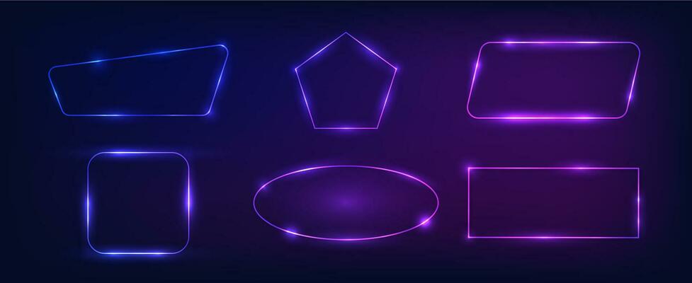 Set of six neon frames with shining effects
