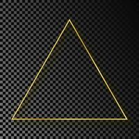 Gold glowing triangle frame with shadow isolated on dark background. Shiny frame with glowing effects. Vector illustration.