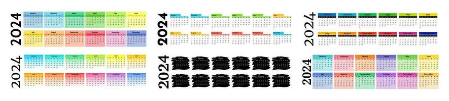 Set of six horizontal calendars for 2024 isolated on a white background. Sunday to Monday, business template. Vector illustration