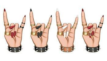 hembra mano en rock gesto ilustración. pesado metal signo. hembra mano con hermosa manicura y anillos belleza salón diseño concepto mano dibujado vector Arte