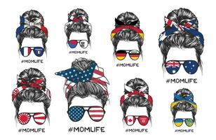 Vector collection, girls showcase messy buns with flag-themed bandanas, representing various nations.