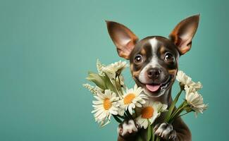 AI generated Happy dog holding bouquet fresh flowers over vivid turquoise background. Portrait adorable chihuahua puppy. Women's or Mother's day greeting card design photo