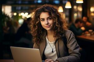 AI generated Business woman or student, freelance working on laptop on cafe. Blurred background, selective soft focus. Digital nomad working remotely from coffee shop or restaurant photo