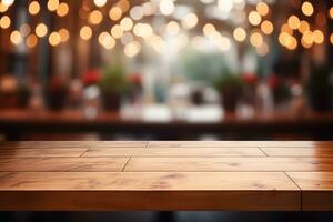 AI generated Empty wooden table top with golden lights bokeh on blurred restaurant or cafe background. Display for present product photo