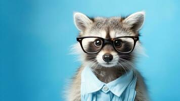 AI generated Funny young raccoon wearing glasses isolated on bright blue background. Adorable animal portrait. Horizontal banner template with copy space photo