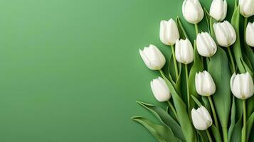 AI generated Frame made of white tulip flowers on green background. Minimal floral mock up, banner template or greeting card. Flat lay, top view photo