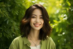 AI generated Portrait of happy young asian woman standing near leaves outdoors. Blurred background, selective focus photo