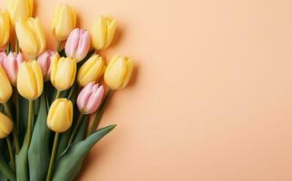 AI generated Pink and yellow tulips isolated on beige background. Spring flowers frame or border. Banner template for Happy Easter card or Women's, Mother's day holiday. Flat lay, top view photo