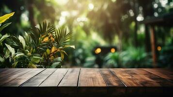 AI generated Empty wooden table with blurred tropical nature background. Wood desk and blurry forest backdrop. Selective focus. Amazon rainforest photo