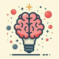 creative light bulb lamp inside brain thinking idea innovation education icon flat vector illustration, imagination solution knowledge, technology insight human mind solving problem concept modern art