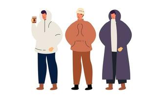 Stylish People Wearing Warm Winter Clothes. Men, Women in Outfits for Cold Weather Vector Illustration