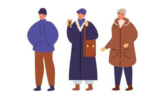 Stylish People Wearing Warm Winter Clothes. Men, Women in Outfits for Cold Weather Vector Illustration