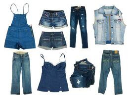 Collection of jeans clothes on white photo