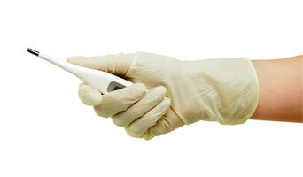 hand with gloves and thermometer photo