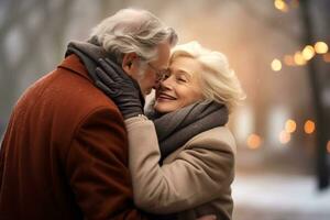 AI generated Happy Senior European Couple Hugging and Kissing in Winter Park. Mature People Falling in Love with Each Other. AI Generated. Forever Love, Valentine Day, and Longevity photo