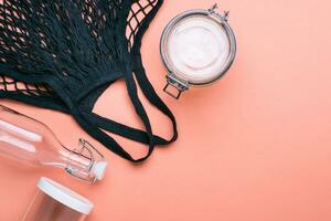 Set of jars and bag for zero waste shopping photo