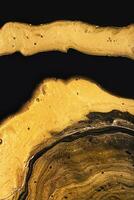 Golden slice of stone on black. Abstract liquid marble background or texture. Acrylic Fluid Art. Digital decor photo