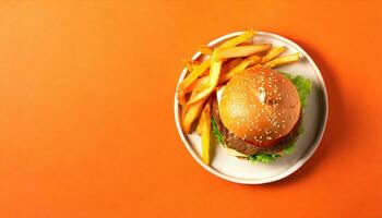 AI generated burger and french fries on an orange background photo