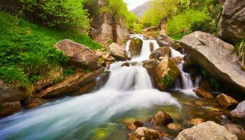 ai generado un cascada fluido mediante un rocoso corriente en el montañas foto