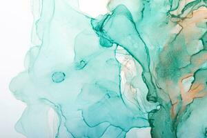 Watercolor alcohol ink swirls. Transparent waves in turquoise green colors. Delicate pastel spots photo