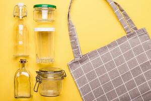 Set of jars and textile bag for zero waste shopping photo