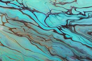 Fluid Art. Diagonal mint green waves and gold particles. Abstract marble background or texture photo
