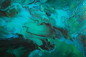 Fluid Art. Metallic Green and blue abstract wave swirls on black background. Marble effect background or texture photo