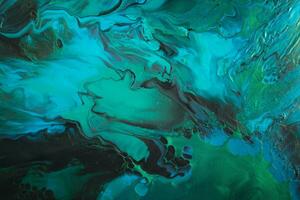 Fluid Art. Metallic Green and blue abstract wave swirls on black background. Marble effect background or texture photo