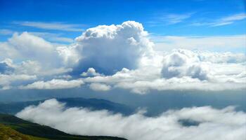 ai generado un ver de el nubes desde un montaña parte superior foto