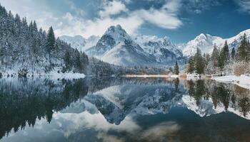 AI generated a lake surrounded by snow covered mountains photo