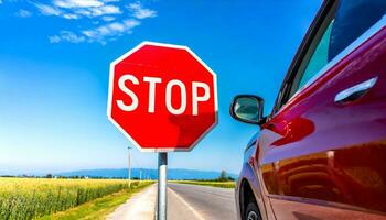 AI generated a red car is parked next to a stop sign photo