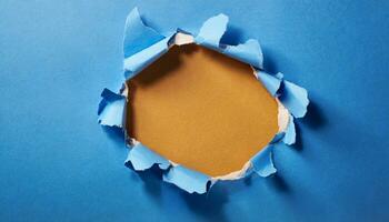 AI generated hole in blue paper with torn paper photo