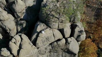 bröllop dag av de nygifta på de rocks. flygande en Drönare runt om en ung par vem är stående på de rocks. video