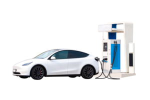 Modern and luxury white electric car is parked and charged in a EV service station. isolate on transparent background, PNG File