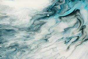 Fluid Art. Liquid transparent white and blue abstract paint drips and wave. Marble effect background or texture photo