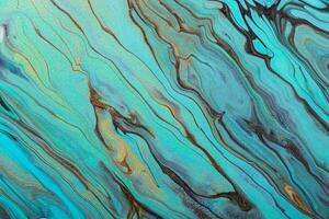 Diagonal mint green waves and gold particles. Fluid Art. Abstract marble background or texture photo