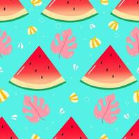 Vector illustration. Seamless summer pattern with hand drawn beach background elements such as watermelon, sunglasses, flowers, hat, pineapple, clouds.