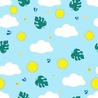 Vector illustration. Seamless summer pattern with hand drawn beach background elements such as watermelon, sunglasses, flowers, hat, pineapple, clouds.