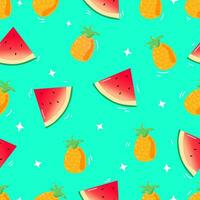 Vector illustration. Seamless summer pattern with hand drawn beach background elements such as watermelon, sunglasses, flowers, hat, pineapple, clouds.