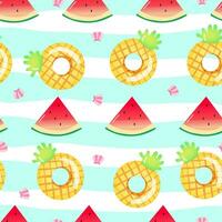 Vector illustration. Seamless summer pattern with hand drawn beach background elements such as watermelon, sunglasses, flowers, hat, pineapple, clouds.