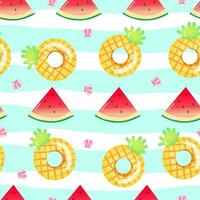 Vector illustration. Seamless summer pattern with hand drawn beach background elements such as watermelon, sunglasses, flowers, hat, pineapple, clouds.